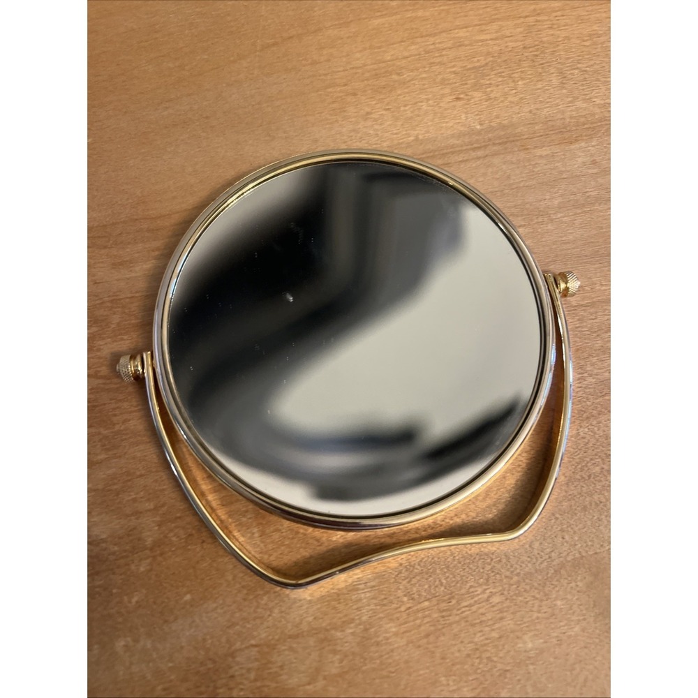 Vintage 80s Brass Vanity Makeup Mirror Magnifying Round Travel Folding Gold
